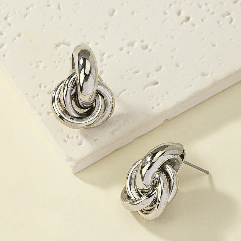 2 Pair Set Gold SIlver Color Knot Hoop Earring Set For Women Shiny Plating Trendy Earring Stud Cute Daily Wear Jewelry Set