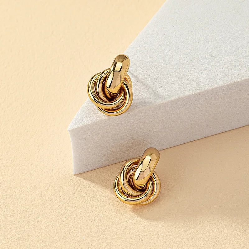 2 Pair Set Gold SIlver Color Knot Hoop Earring Set For Women Shiny Plating Trendy Earring Stud Cute Daily Wear Jewelry Set